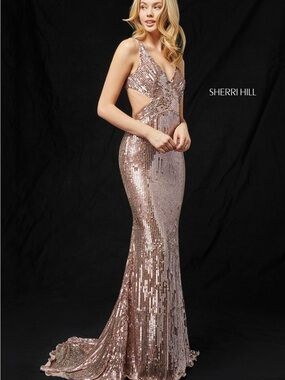 Sherri Hill Rose Gold Sequin Cutout Gown NWT Pageant Red Carpet Glam Size 10